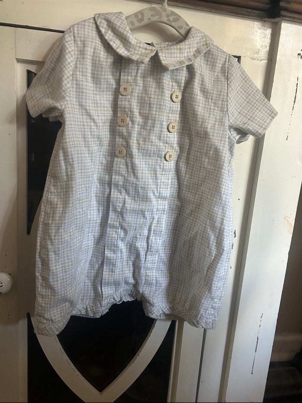 Luli & Me Baby Boys' Light Blue Plaid Romper with Peter Pan Collar
